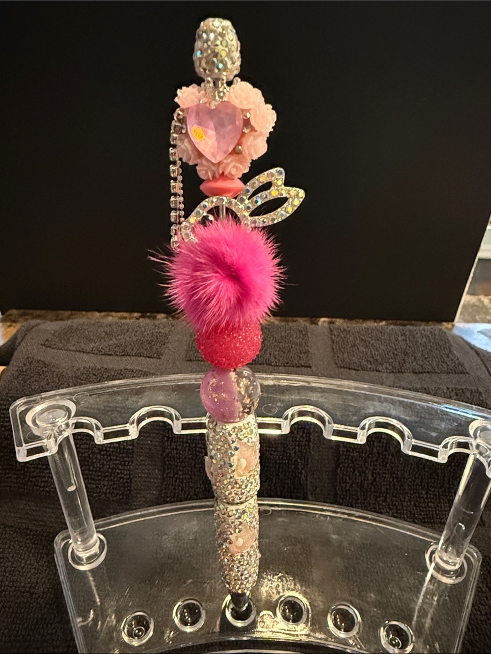 Pink Faux Fur Pom & Crystal Heart Keychain Charm